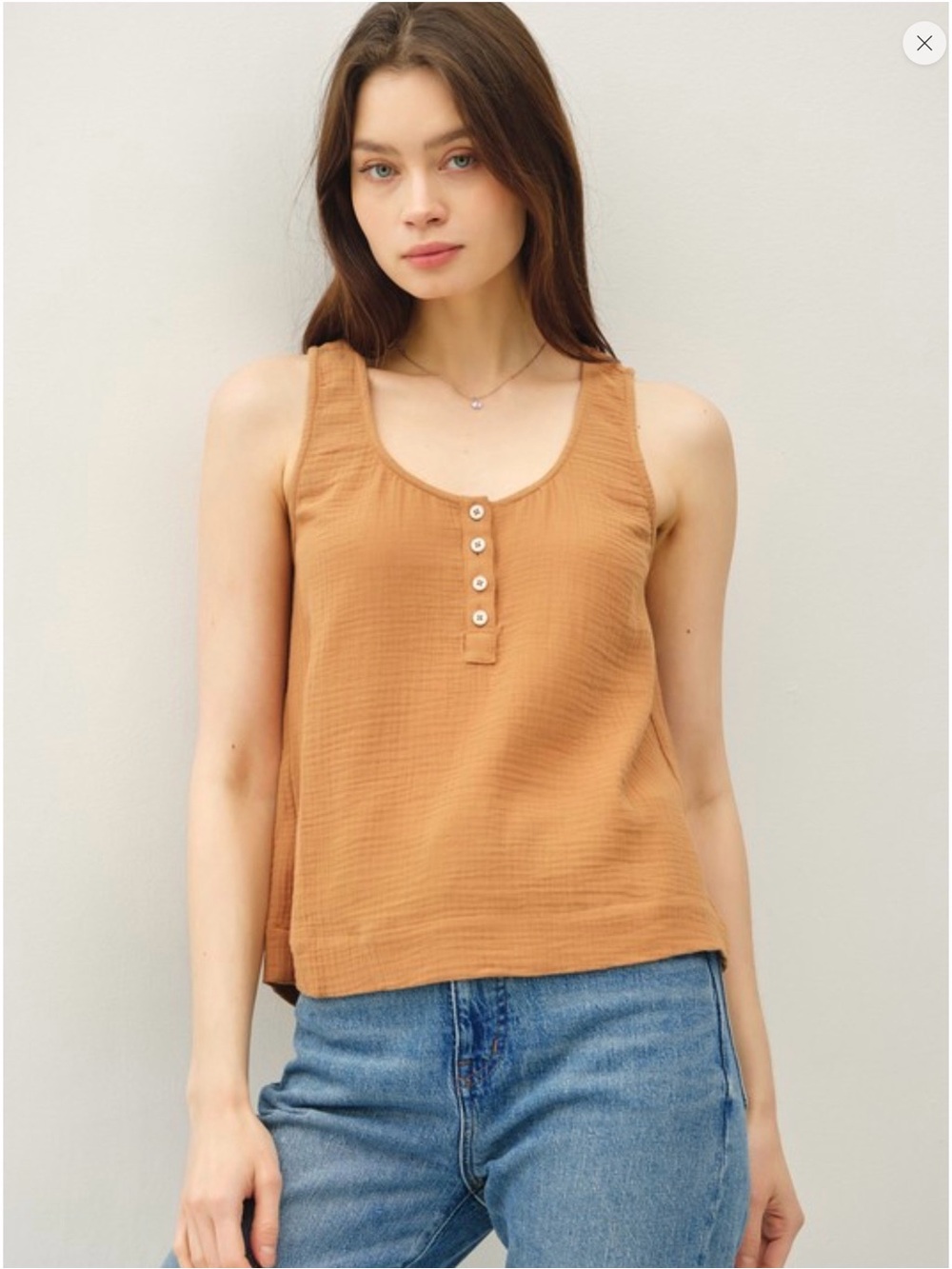 BE COOL Tan Button-Front Scoop Neck Tank 100% cotton